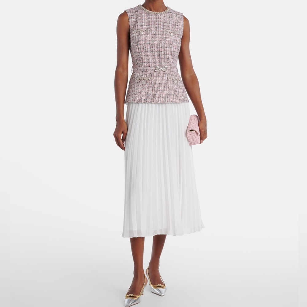 Self-Portrait Bouclé and Chiffon Midi Dress